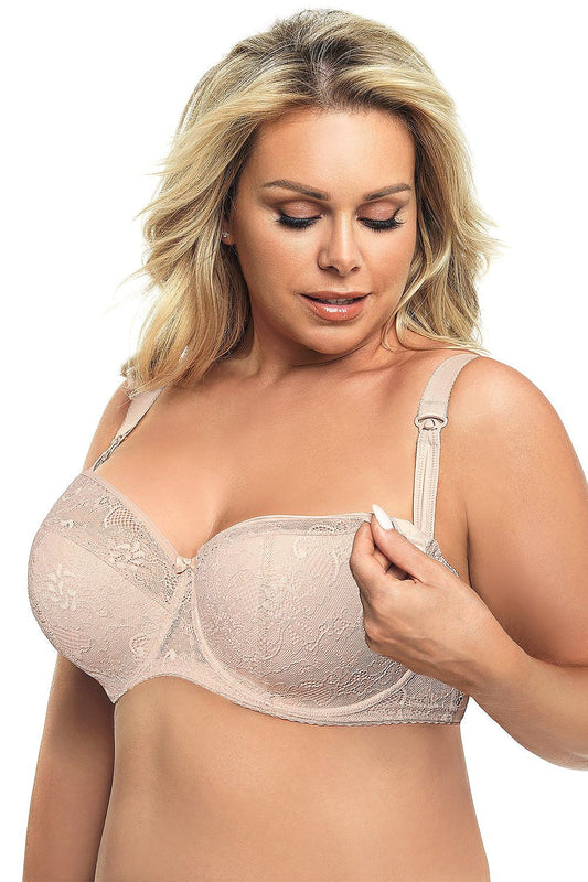 Luxurious Gorsenia Lingerie nursing bra featuring a semi-padded underwired design, adorned with delicate lace and floral motifs, perfect for modern mothers seeking elegance and comfort.