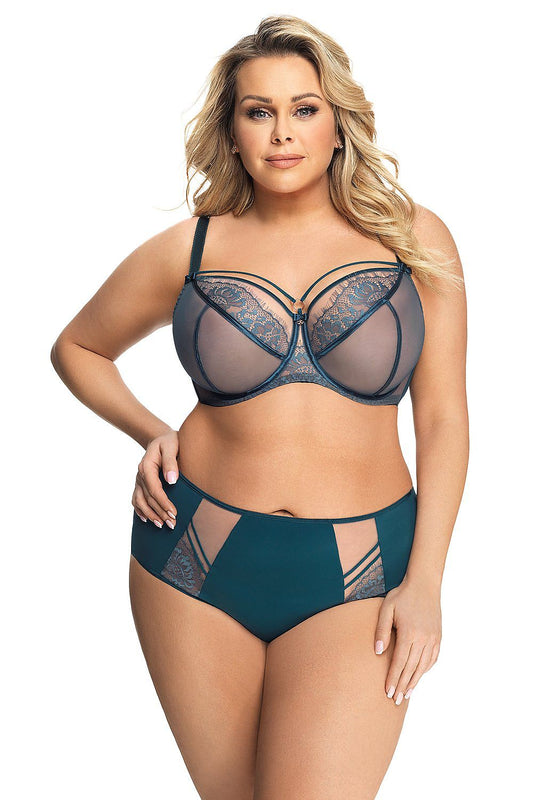 Chic emerald green Gorsenia bra with decorative strap and double mesh tulle, expertly crafted for comfort and style, ideal for enhancing curves.