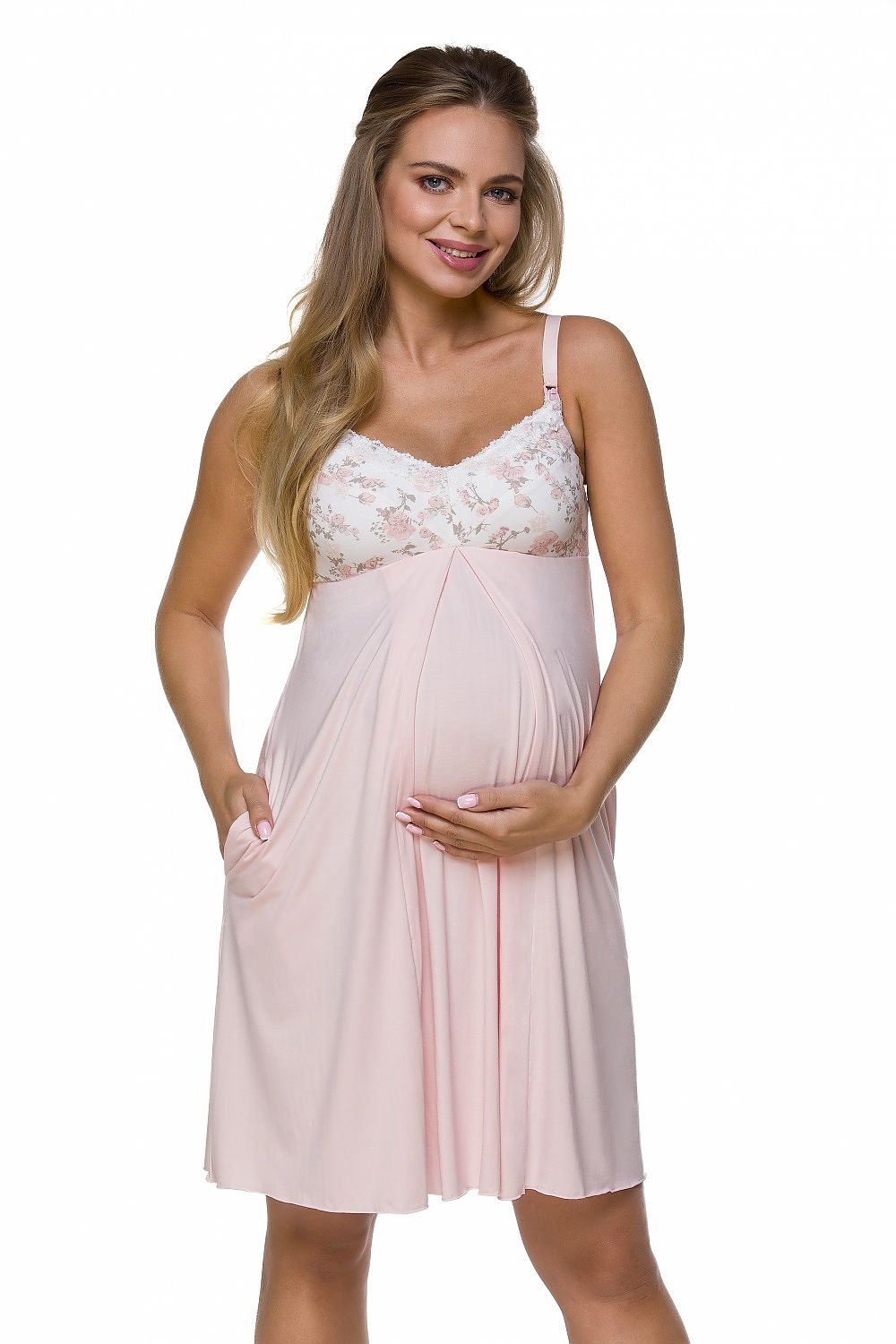 Lupo Line luxury maternity nightshirt featuring adjustable straps and supportive elastic under bust, designed in pastel colours for comfort and style during pregnancy.