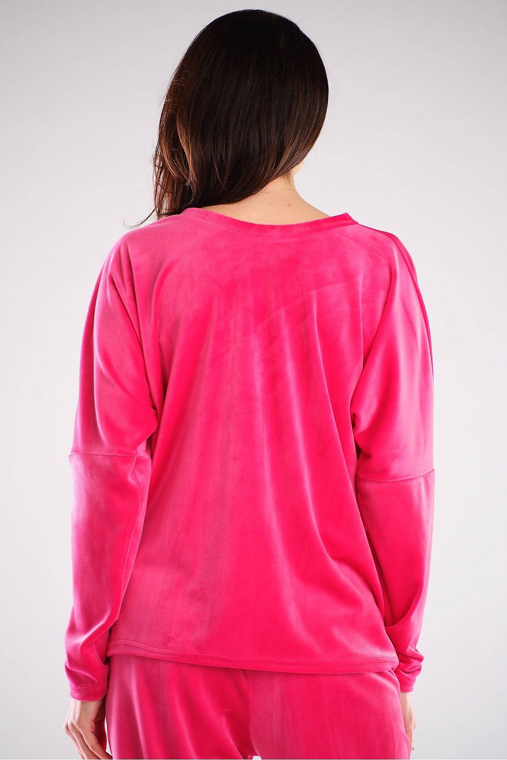 Elegant Awama women's loose-fit polyester sweatshirt in vibrant pink, showcasing a luxurious heart-shaped neckline and drawstring hem, worn casually from the back.
