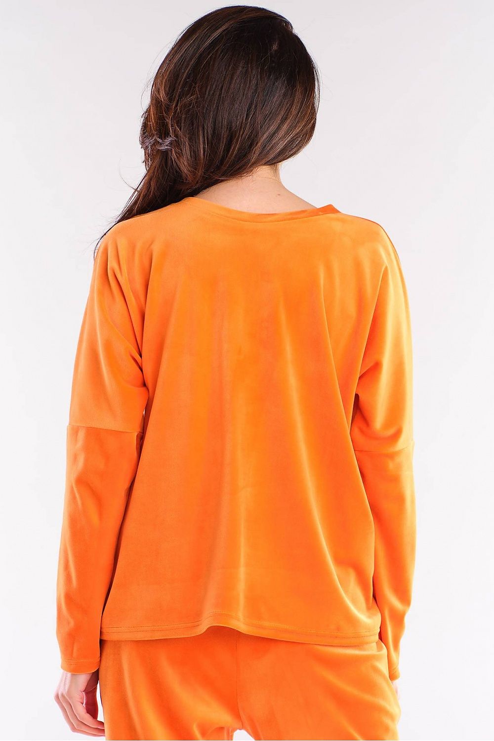 Back view of the luxury Awama women's orange polyester sweatshirt, featuring a relaxed cut and straight sleeves, complementing a polished yet casual look.
