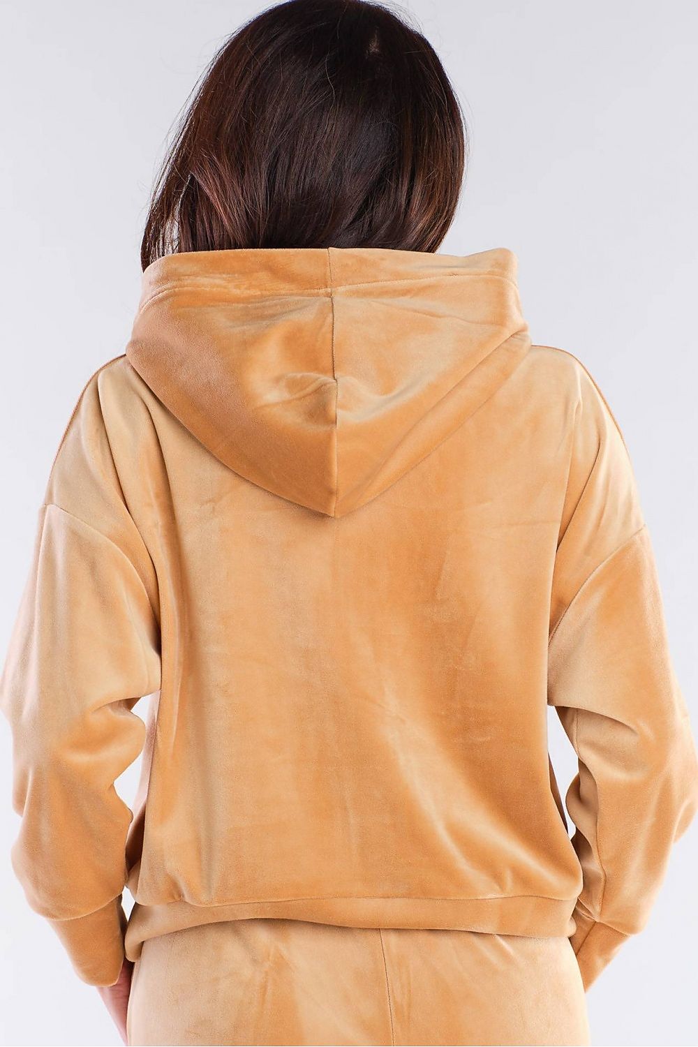 Back view of a luxury velour hooded kangaroo sweatshirt by Awama, displaying the soft fabric and relaxed fit, ideal for a chic, laid-back style.