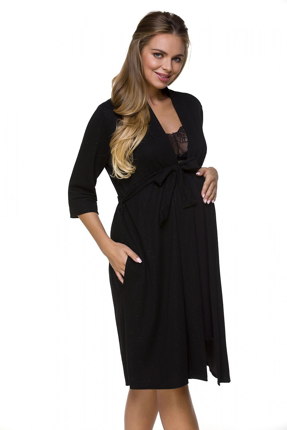 Lupo Line Elegant Black Maternity Bathrobe, showcasing a soft 3/4 sleeve design ideal for hospital and home use, elegantly draped over a pregnant model with a stylish tie at the waist.