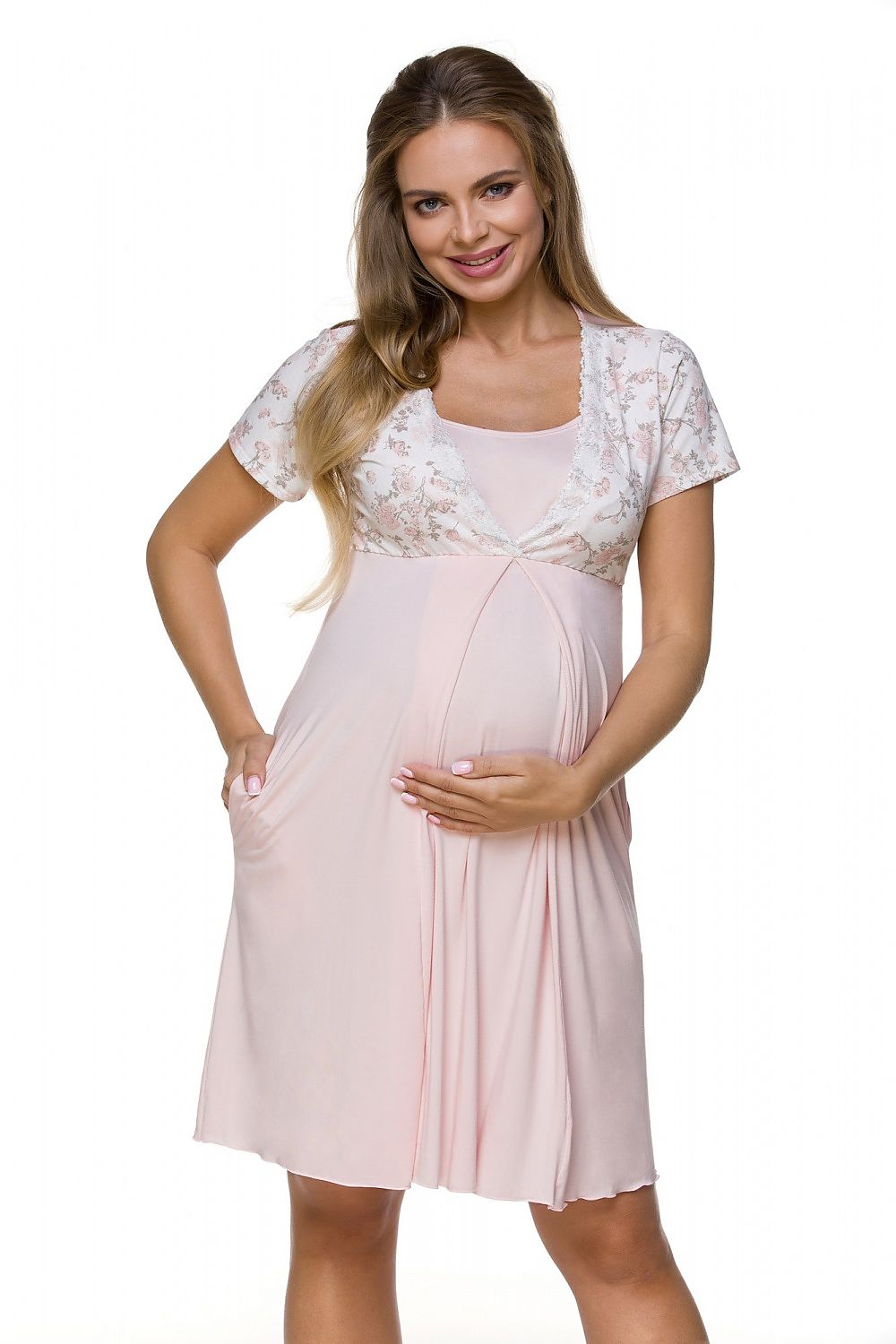 Elegant pastel nightshirt designed for pregnant and breastfeeding women by Lupo Line, featuring a flattering fit with pleats under the bust, short sleeves, and a stylish floral pattern.