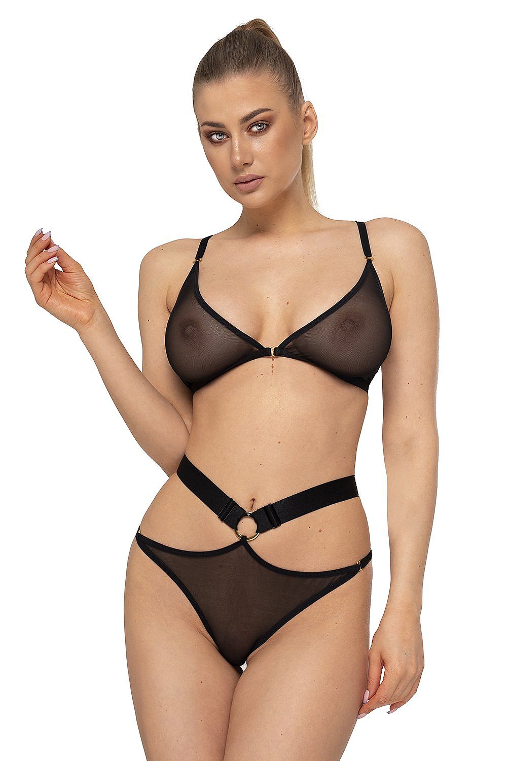 Luxurious Anais black transparent 2-piece lingerie set featuring decorative straps, elegantly showcasing a model in a seductive pose.