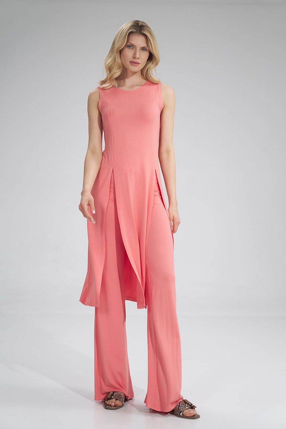 Elegant sleeveless midi tunic dress by Figl in a coral hue, featuring decorative slits, perfect for summer occasions.