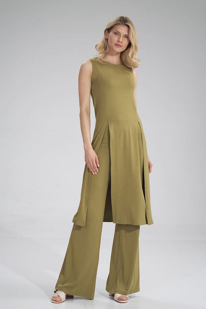 Chic sleeveless midi tunic dress by Figl in olive green, designed with decorative slits for a fashionable touch.