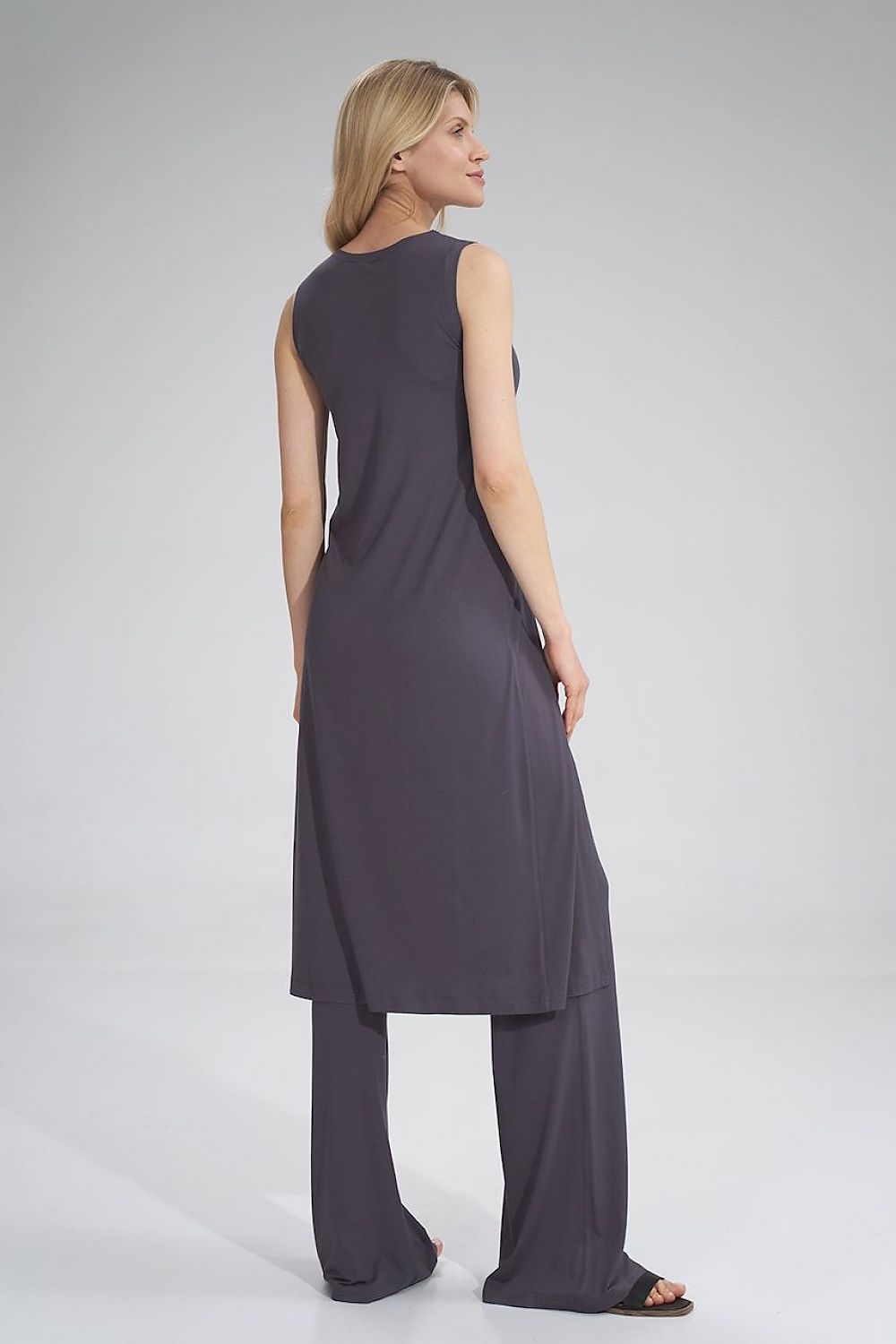 Back view of the elegant sleeveless midi tunic dress by Figl, showcasing a sophisticated silhouette and smooth draping, perfect for summer occasions.