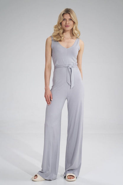Elegant Figl sleeveless summer jumpsuit in soft grey, featuring a sweetheart neckline and a stylish waist tie. The wide-leg design exudes luxury and sophistication, perfect for warm weather occasions.