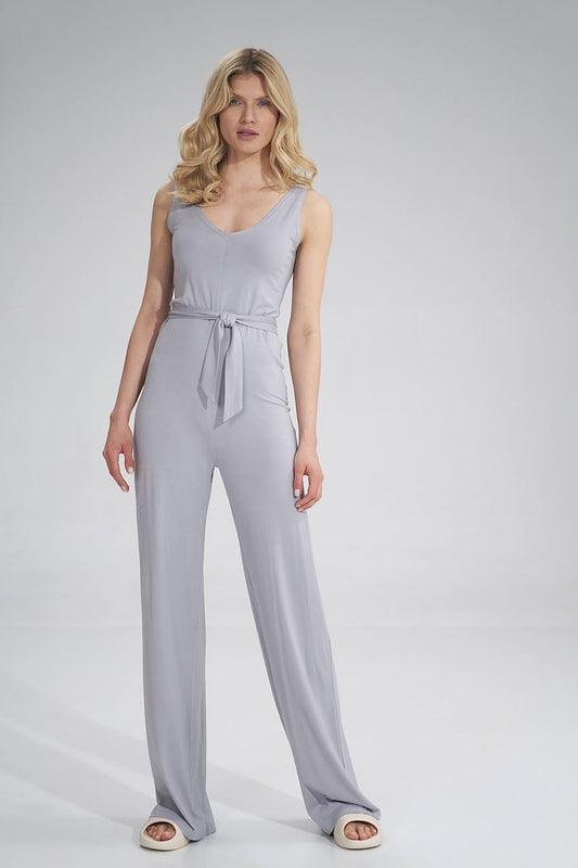 Chic sleeveless summer jumpsuit by Figl featuring a sweetheart neckline and a belted waist, styled with wide legs in a soft shade of grey.
