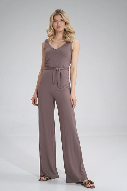 Sophisticated front view of a Figl brown sleeveless jumpsuit, accentuated by a belted waist and flowing wide legs, perfect for summer chic.