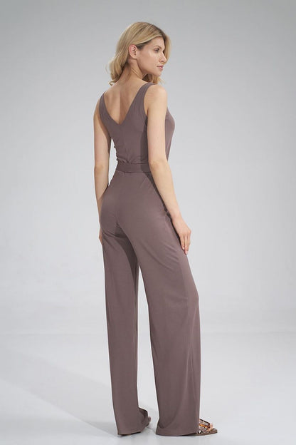 Refined back profile of a Figl brown sleeveless jumpsuit, highlighting the sweetheart neckline and graceful wide-leg silhouette for a luxurious summer look.