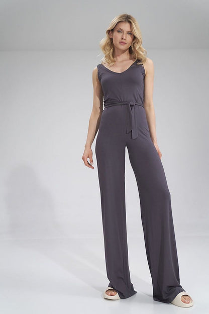 Figl sleeveless summer jumpsuit with sweetheart neckline, featured in luxurious grey fabric, showcasing wide leg design and waist tie, perfect for elegant summer outings.