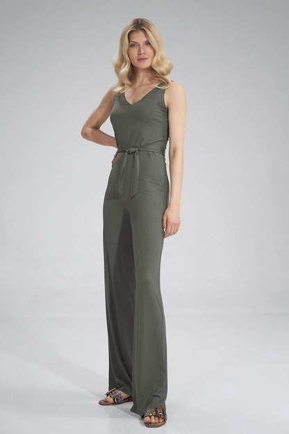 Gorgeous Figl sleeveless jumpsuit in rich olive green, designed with a sweetheart neckline and waist tie, offering a luxurious summer style with flowing wide legs.