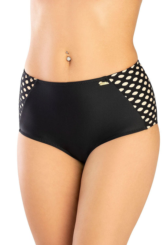 Luxury Marko swimming panties featuring openwork sides in black and beige, showcasing a chic and contemporary design perfect for stylish beach outings.