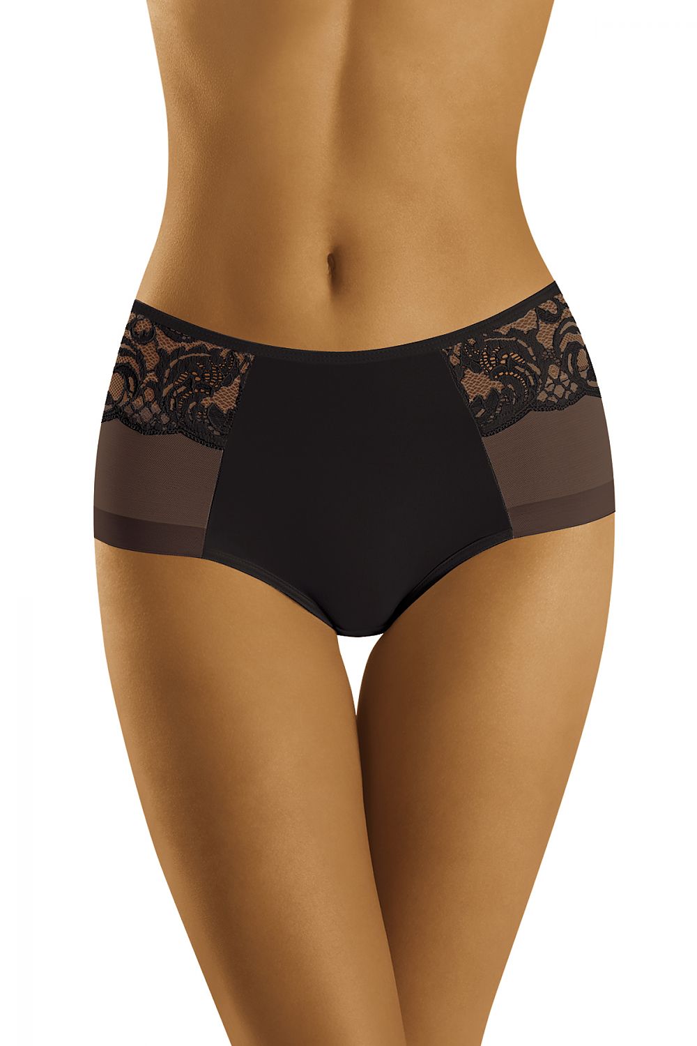 Wolbar Elegant Women's Panties in Lace and Microfiber - Black colour with delicate lace detailing and a smooth finish, showcasing beautiful feminine designs, ideal for sizes EU M to XXL.