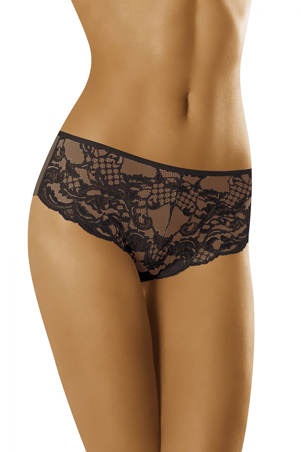 Elegant Wolbar Comfort Panties with Exquisite Lace & Tulle featuring a classic cut that enhances your silhouette beautifully, showcasing intricate black lace detailing on soft mesh fabric.