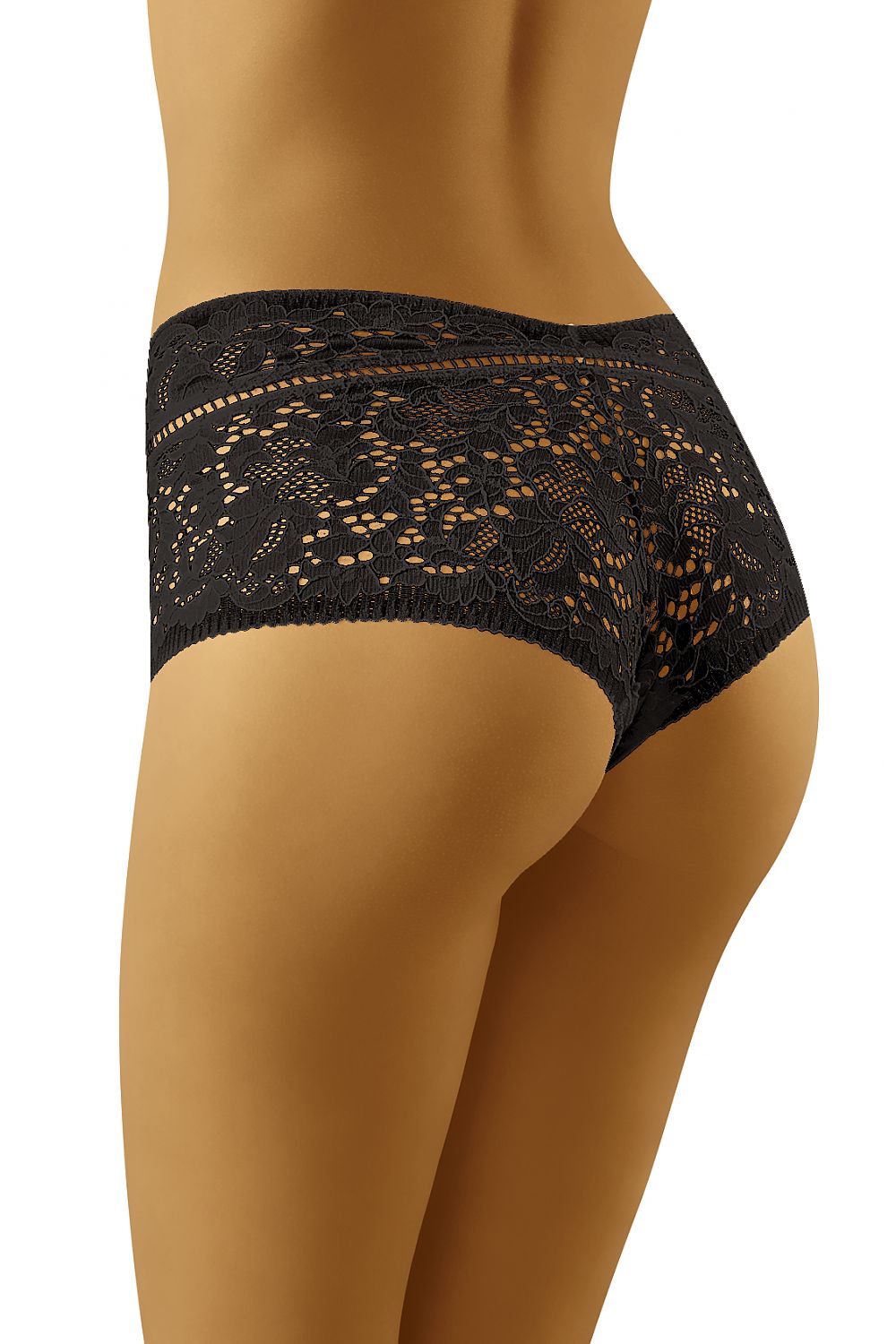 Elegant Lace Shorts by Wolbar in black lace, showcasing a comfortable, feminine fit with high cut design, highlighting exquisite detailing and a soft finish.