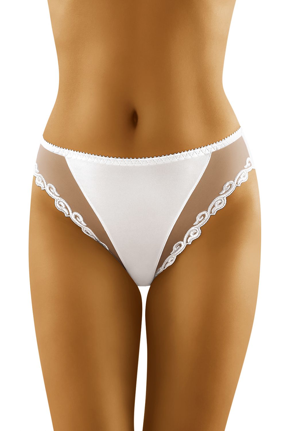 Wolbar Shapely Transparent Panties featuring Elegant Embroidery and a sexy leg-lengthening design, displayed beautifully on a model, showcasing the delicate details and flattering silhouette.
