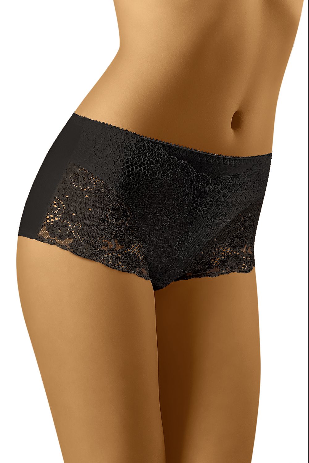 Wolbar Eco-Line Elegant Shorts featuring a luxurious smooth knit and delicate openwork lace design in classic black, crafted for ultimate comfort and style.