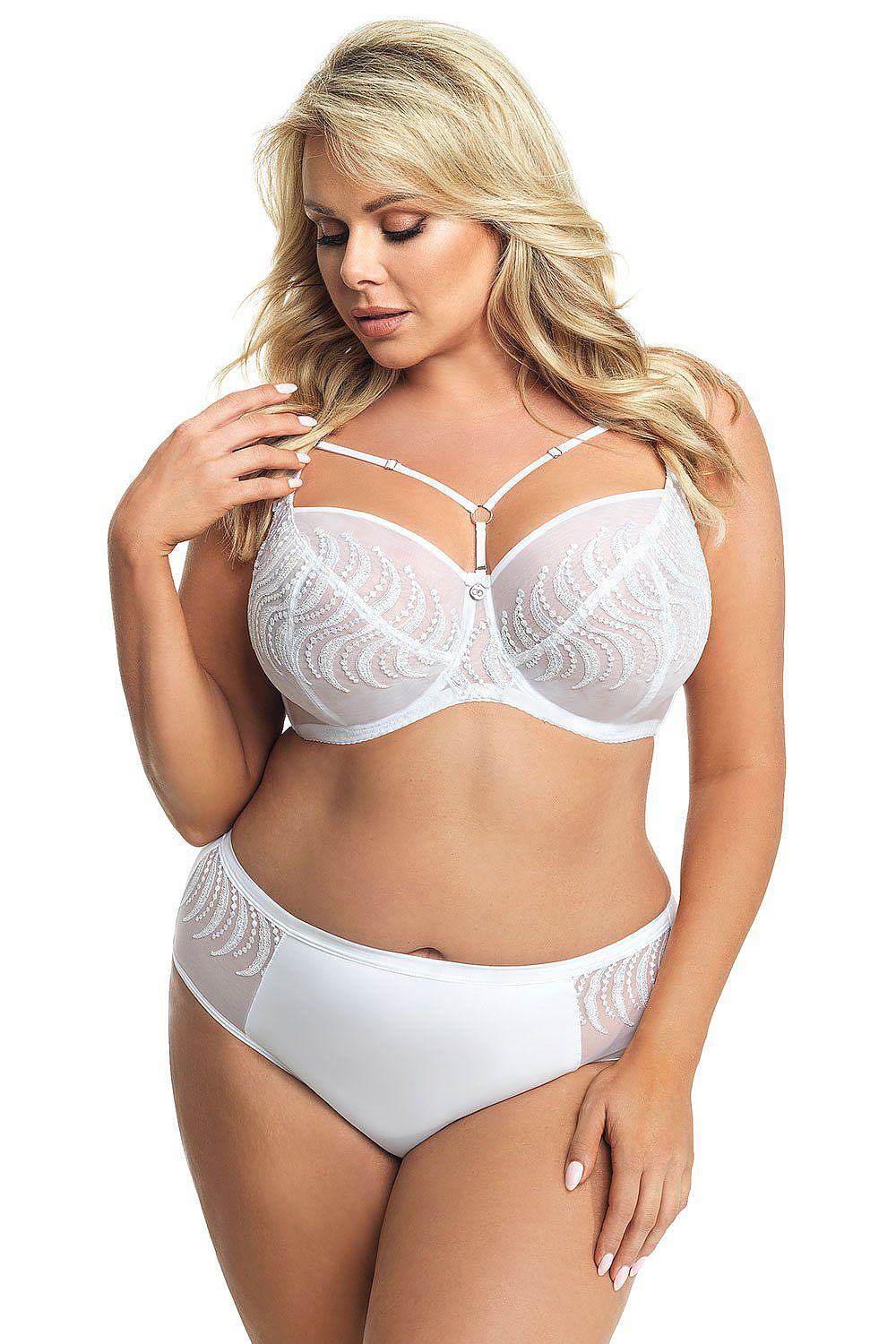 Luxurious Soft Gorsenia White Lingerie Bra with Elegant Embroidery and Sensual Sheer Mesh, styled with matching lingerie on a model, highlighting sophisticated design and comfort.