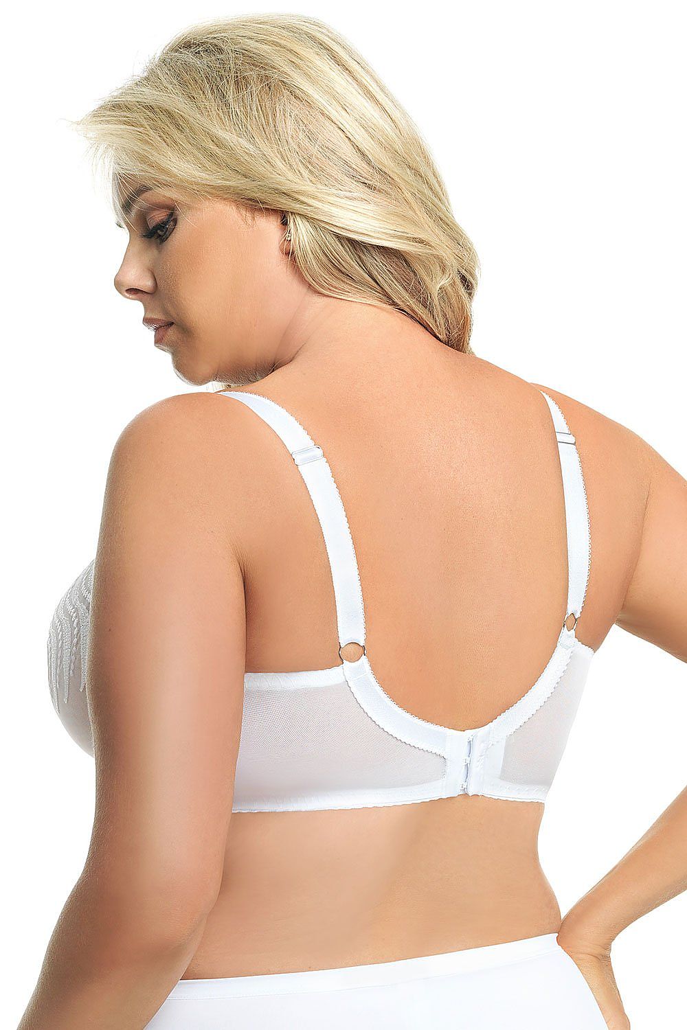 Luxurious Soft Gorsenia White Lingerie Bra with Elegant Embroidery and Sensual Sheer Mesh, detailed view from the back showcasing the elegant design and adjustable straps.