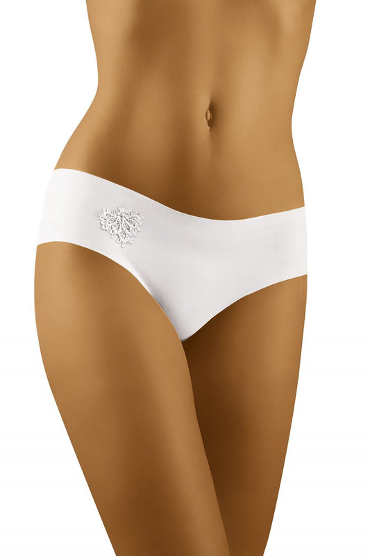 Wolbar Elia Smooth Low Cut Briefs in white, adorned with delicate guipure lace, providing luxurious seamless comfort for daily wear.