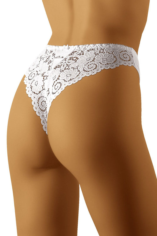 Wolbar T-Back Lace Panties with Cotton Lining displayed elegantly, showcasing their intricate lace design and soft cotton lining, perfect for luxurious women's underwear.