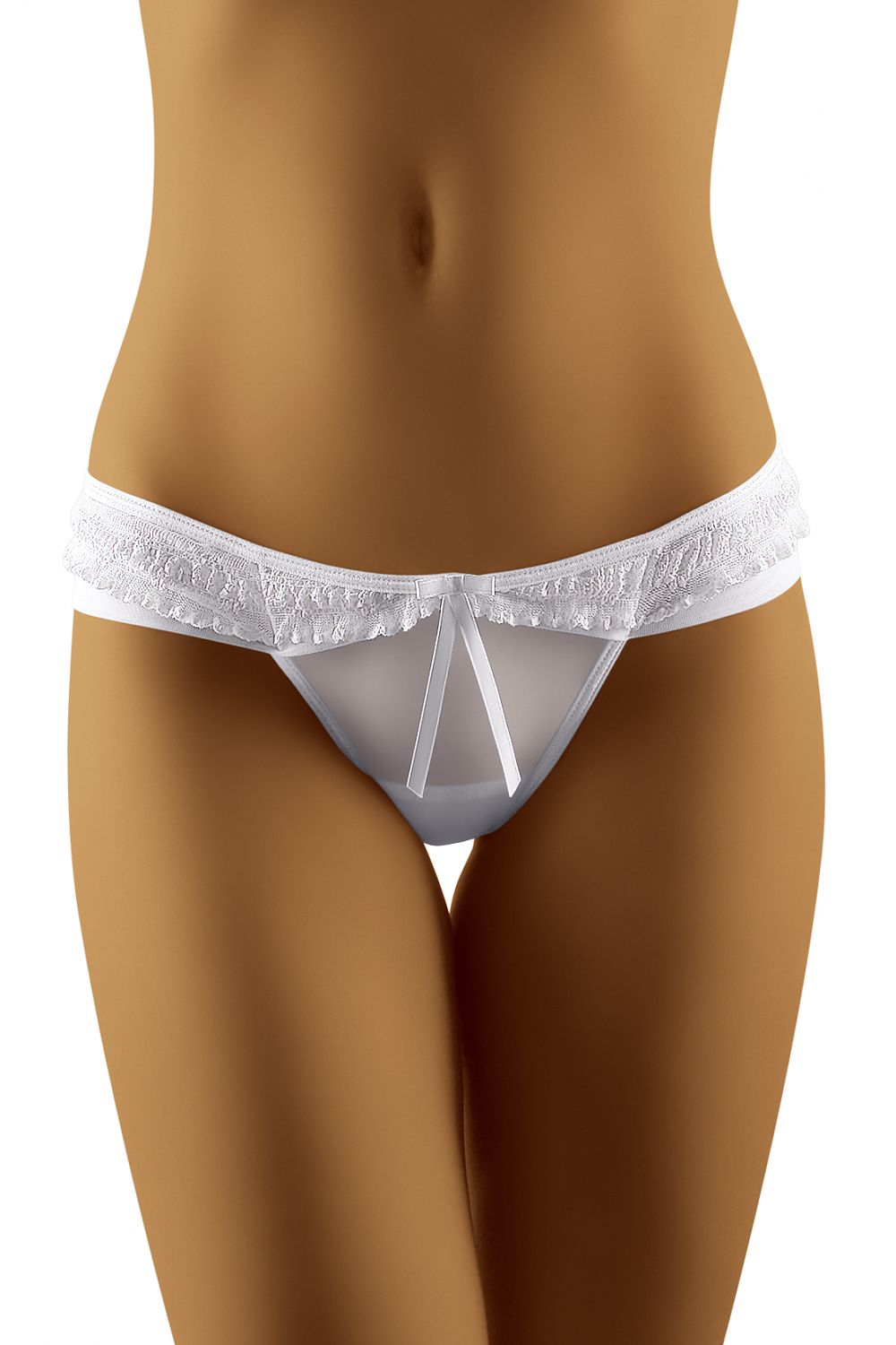 Wolbar Lace And Stretch Fabric Low-Waisted Panties For A Sexy Look featuring delicate lace accents and a satin bow for an elegant touch, showcased on a smooth figure.