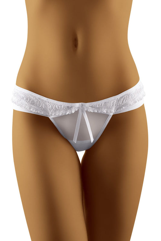 Wolbar Lace And Stretch Fabric Low-Waisted Panties For A Sexy Look featuring delicate lace accents and a satin bow for an elegant touch, showcased on a smooth figure.