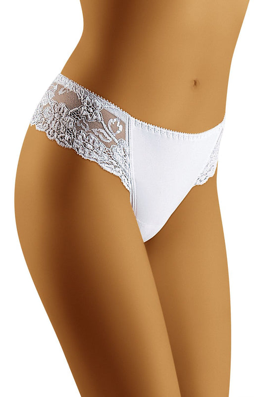 Elegant Wolbar T-Backs with Wide Lace Detailing, Comfortable Cotton Blend Panties showcased in white, featuring exquisite lace design on the sides for a graceful appearance.