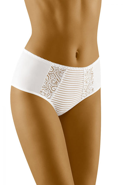 Wolbar Midi Briefs with Lace and Mesh Detailing – Elegant Cotton-Blend Women's Underwear showcasing the front view with intricate lace and mesh design.