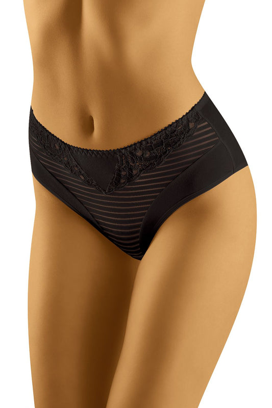 Wolbar Elegant Lace-Trimmed High-Cut Cotton Panties in black, featuring delicate lace detailing and a comfortable fit for all-day wear.