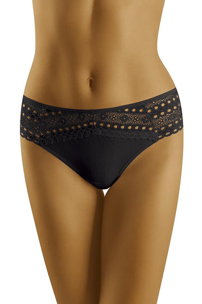 Wolbar Cotton Midi Panties With Lace Back - Elegant Comfort And Style, featuring a stunning punched lace back in a chic black colour, perfect for a sophisticated undergarment choice.