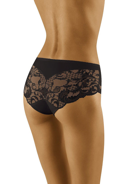 Wolbar Lace Trimmed Comfort Panties for Women - Elegant Style and Soft Elastic Waistband, showcasing the exquisite lace detail on the back of the black panties.