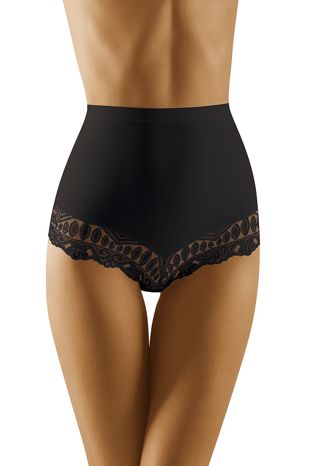 Wolbar High Rise Lace Briefs for Women - Body Shaping, Comfortable Fit. Elegant black design featuring exquisite lace detailing along the thighs, providing gentle body shaping and a flattering silhouette.