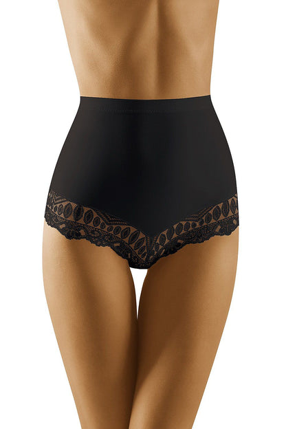 Wolbar High Rise Lace Briefs for Women - Body Shaping, Comfortable Fit. Elegant black design featuring exquisite lace detailing along the thighs, providing gentle body shaping and a flattering silhouette.