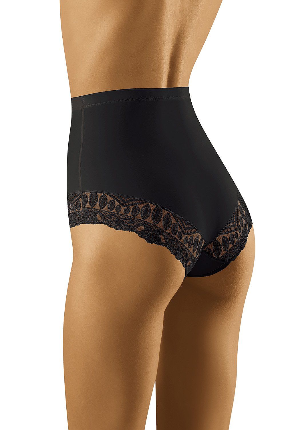 Wolbar High Rise Lace Briefs for Women - Body Shaping, Comfortable Fit. Showcase of the luxurious black briefs with intricate lace trim, enhancing the rear view while ensuring a comfortable high-rise fit.