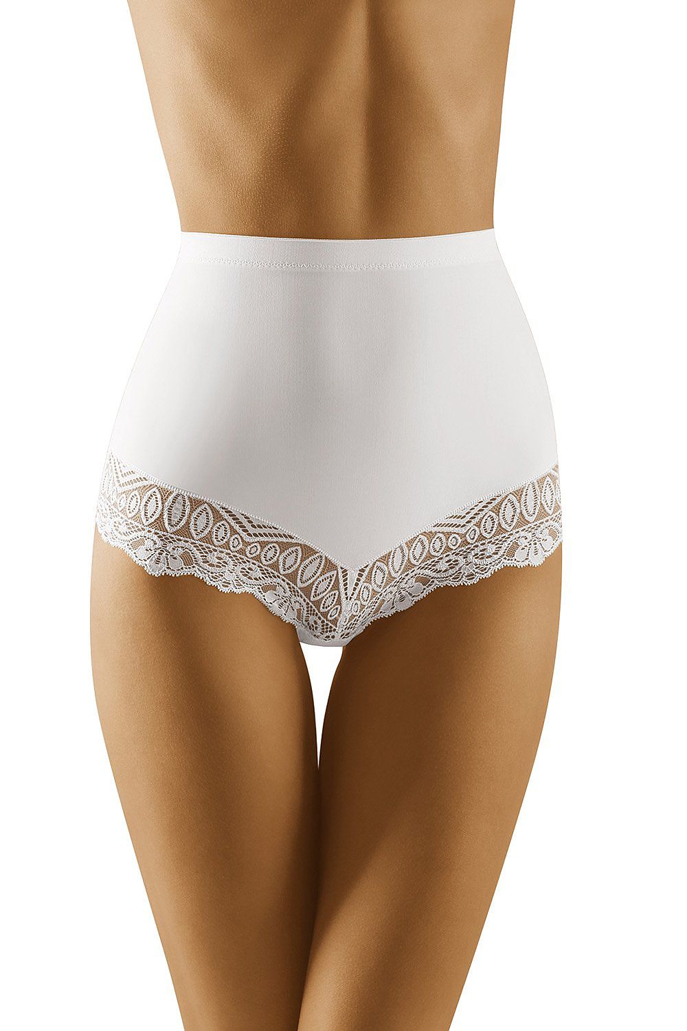 Wolbar High Rise Lace Briefs for Women - Elegant white body shaping lingerie featuring luxurious lace detailing along thighs, ideal for a comfortable fit.