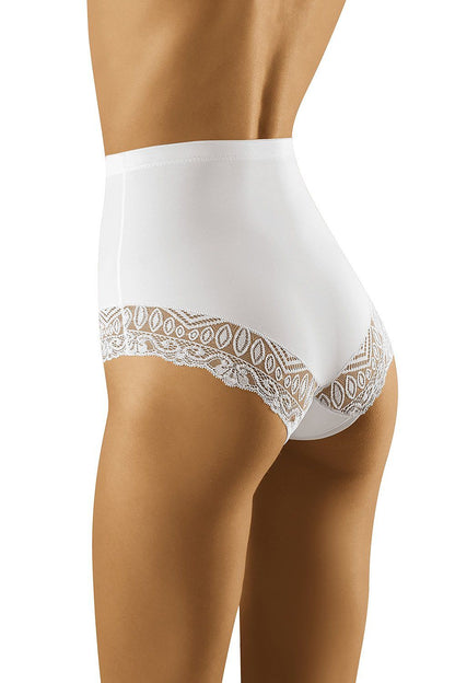 Wolbar High Rise Lace Briefs for Women - Sophisticated white high waisted briefs showcasing delicate lace accents for a flattering silhouette.