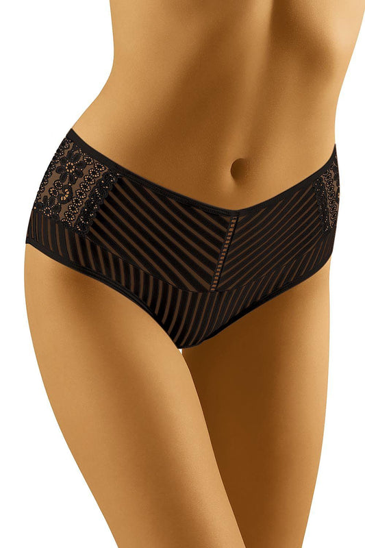 Wolbar Eco-Pa Lace Floral Panties with Stripe Motif in elegant black, featuring a sophisticated stripe pattern and intricate lace detailing, designed for modern women's comfort.
