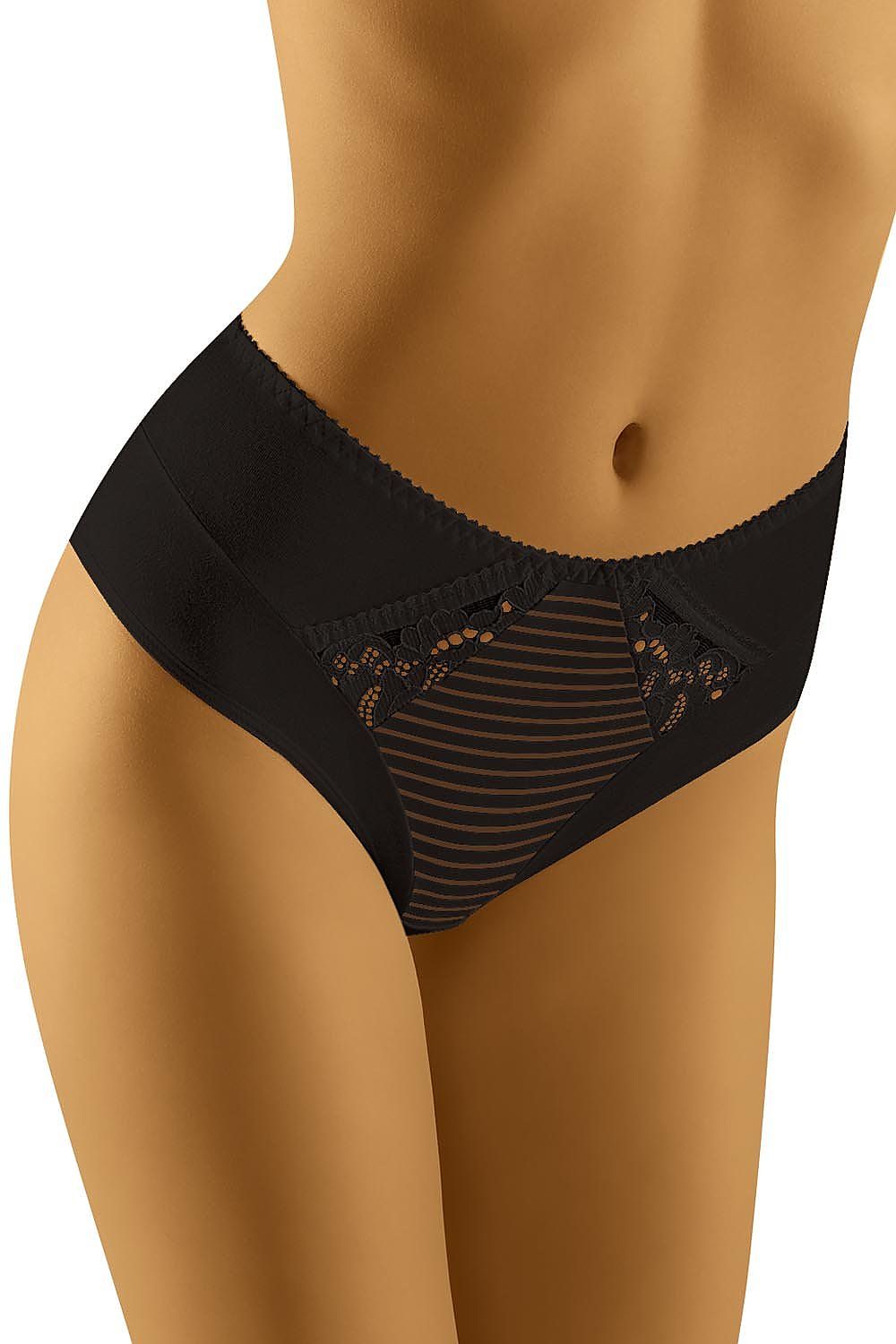 Elegant Cotton Panties by Wolbar in black, featuring a decorative front with delicate lace and striped design, offering a soft and smooth luxury feel.