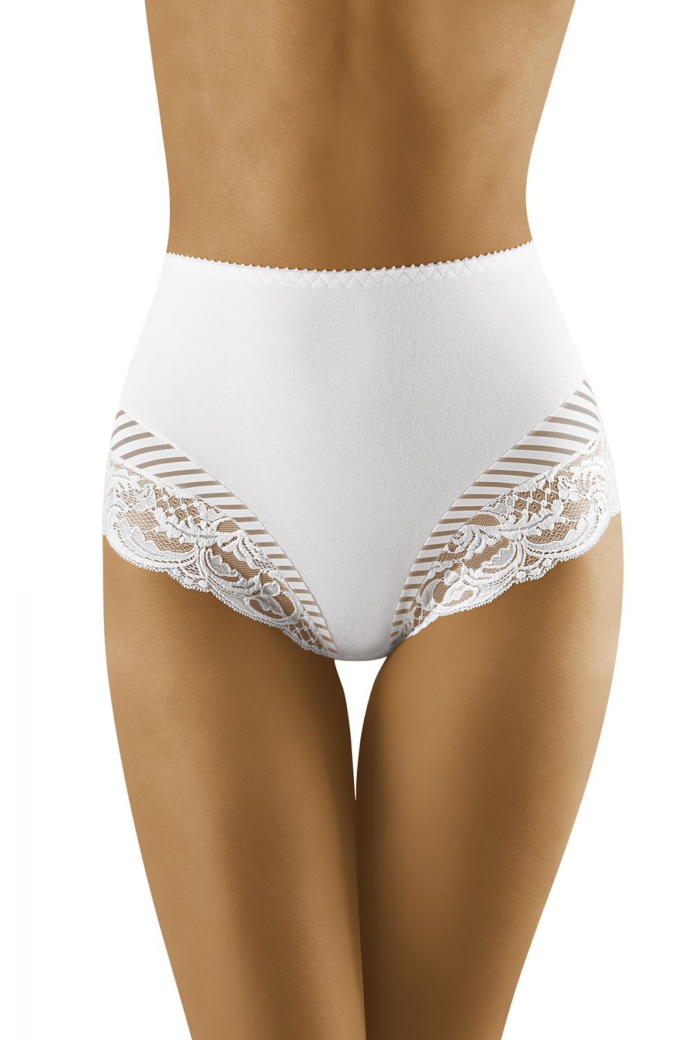 Wolbar Cotton Lace and Tulle High-Cut Panties in white, designed elegantly with lace and striped tulle accents, ideal for enhancing shapely hips, available in sizes S to XXL.