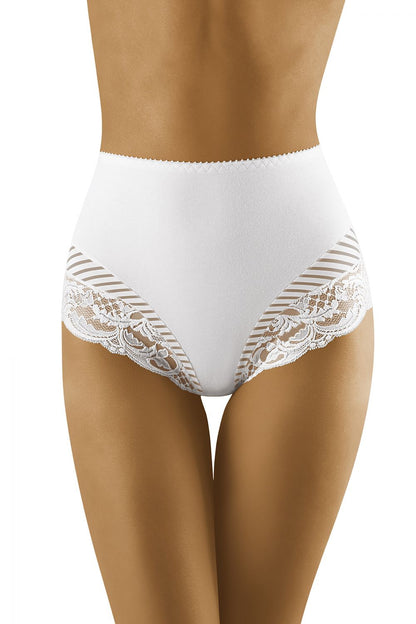 Wolbar Cotton Lace and Tulle High-Cut Panties in white, designed elegantly with lace and striped tulle accents, ideal for enhancing shapely hips, available in sizes S to XXL.