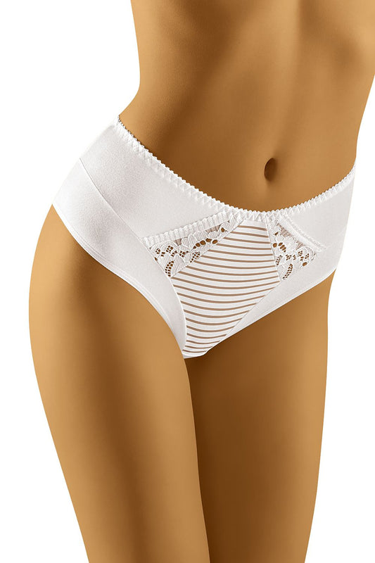 Elegant Cotton Panties by Wolbar in white, showcasing a stylish decorative front with intricate lace and striped panel, exuding sophistication and comfort.