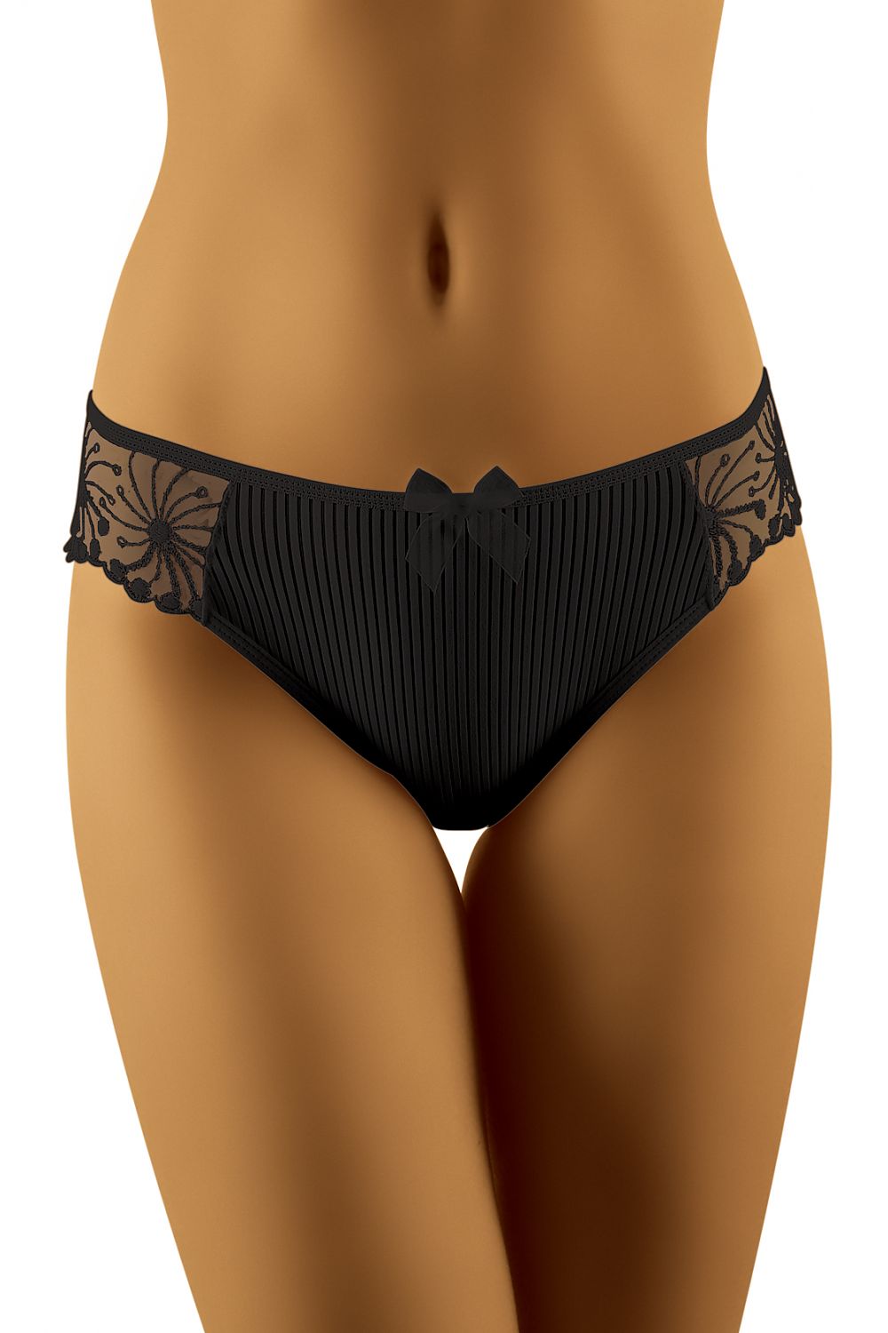 Wolbar Cora Lace-Trimmed Panties in Soft Knitwear with Satin Bow - Elegant Women's Underwear, showcasing a sophisticated black design with elegant lace detailing and a delicate satin bow.