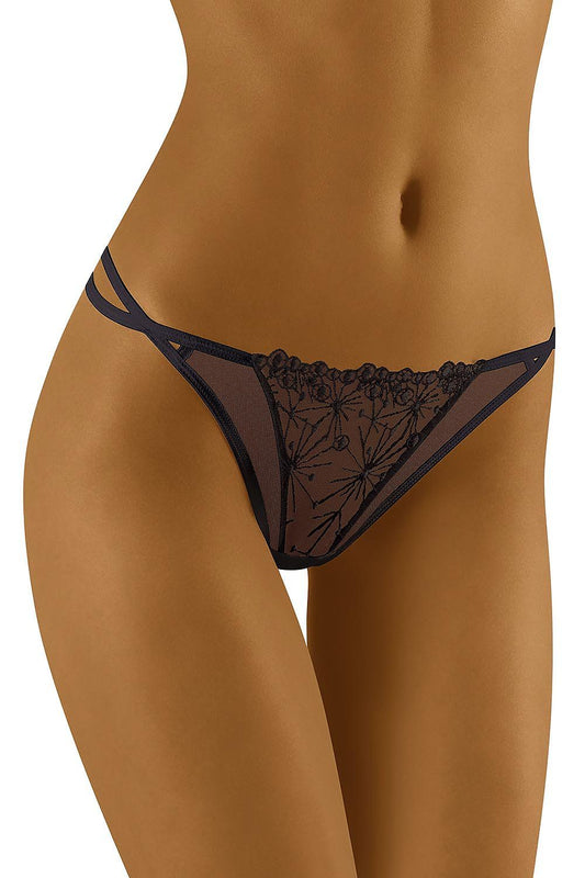Elegant Wolbar Maracca Thong crafted from transparent fabric, featuring a sensual cut and intricate embroidery, showcased from the front on a mannequin.