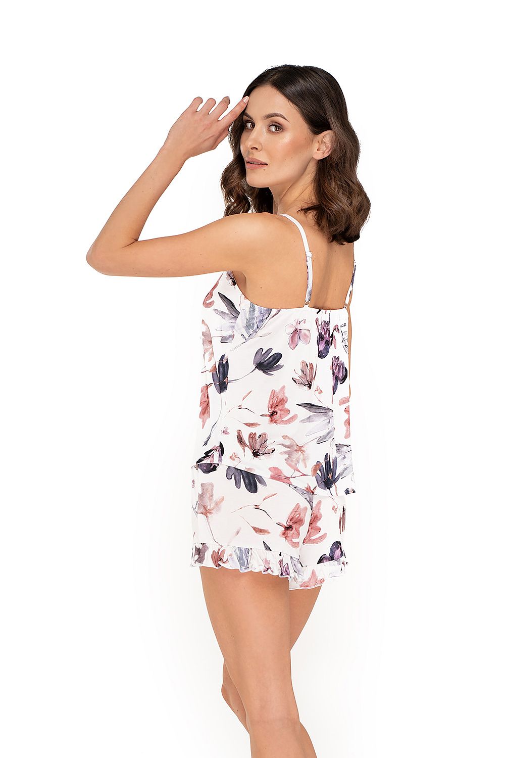 Back view of the Babella Missy Floral Pajamas Set highlighting the delicate floral design and frilled hem, designed for comfort and style in luxury sleepwear.