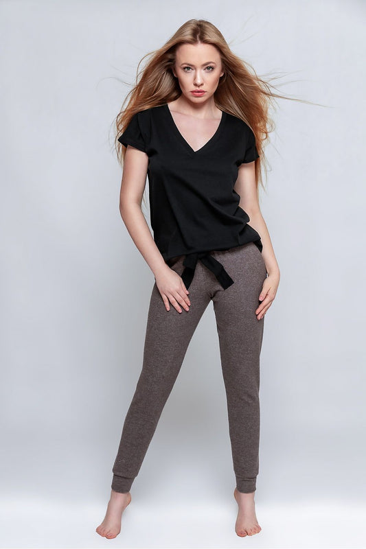 Sensis Elegant Black and Coffee Two-Piece Pyjama Set with Decorative Waist Tie, featuring a stylish black V-neck T-shirt and smooth coffee-coloured trousers, perfect for luxurious homewear.