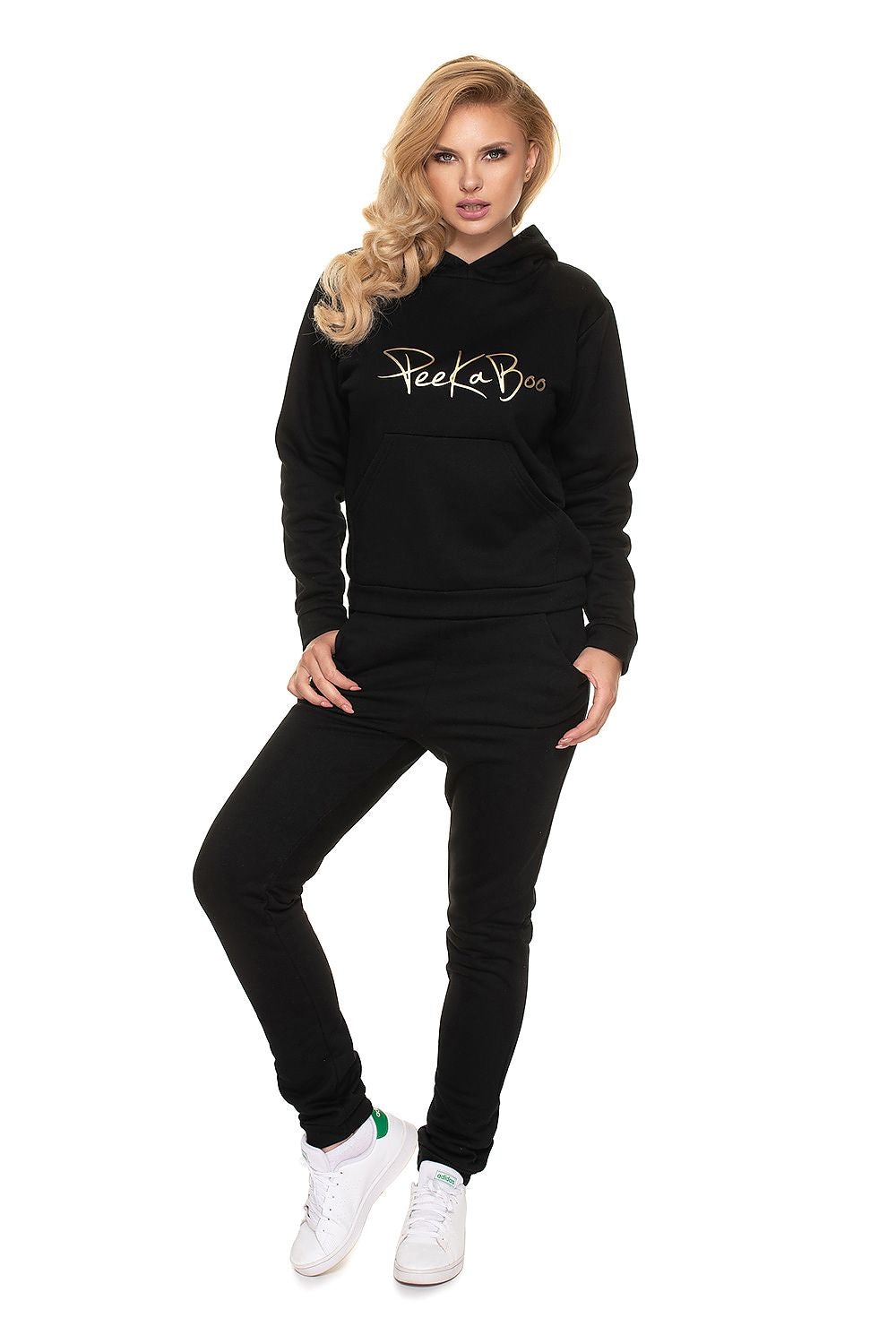 PeeKaBoo Soft Cotton Tracksuit Set With Hood - Stylish Sweatshirt & Pants in EU Sizes, featuring a model wearing a black hoodie and matching pants, showcasing the elegant logo design.